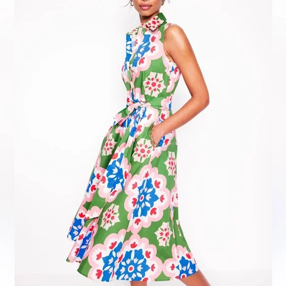 Boden Amy Geometric Floral Sleeveless Midi Shirtdress in Bloom Geo Multi at Nordstrom, Size 4